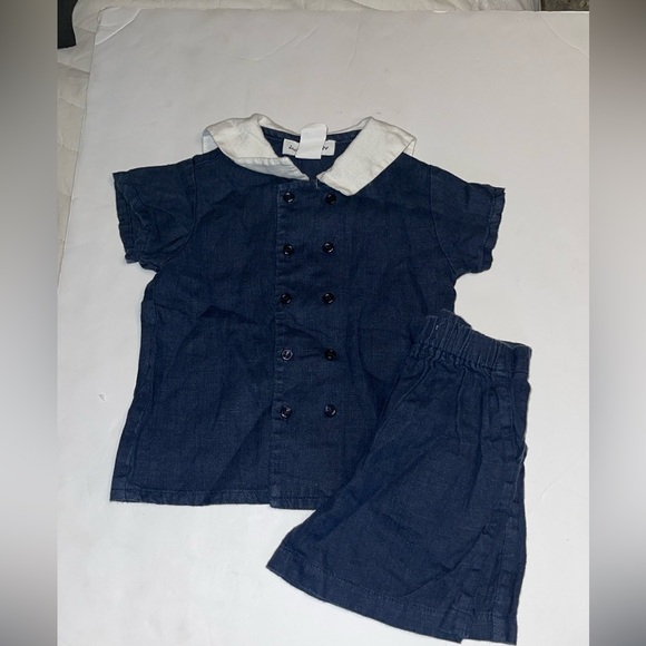 Jack & Teddy two piece short set Navy and white linen short set elegant 24M - Picture 3 of 5